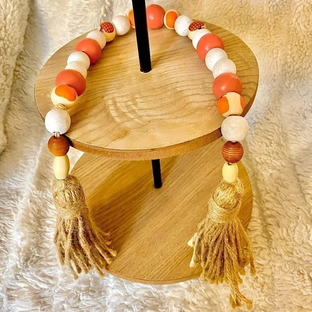 NEW Wood Bead Garland with Plaid Tassels